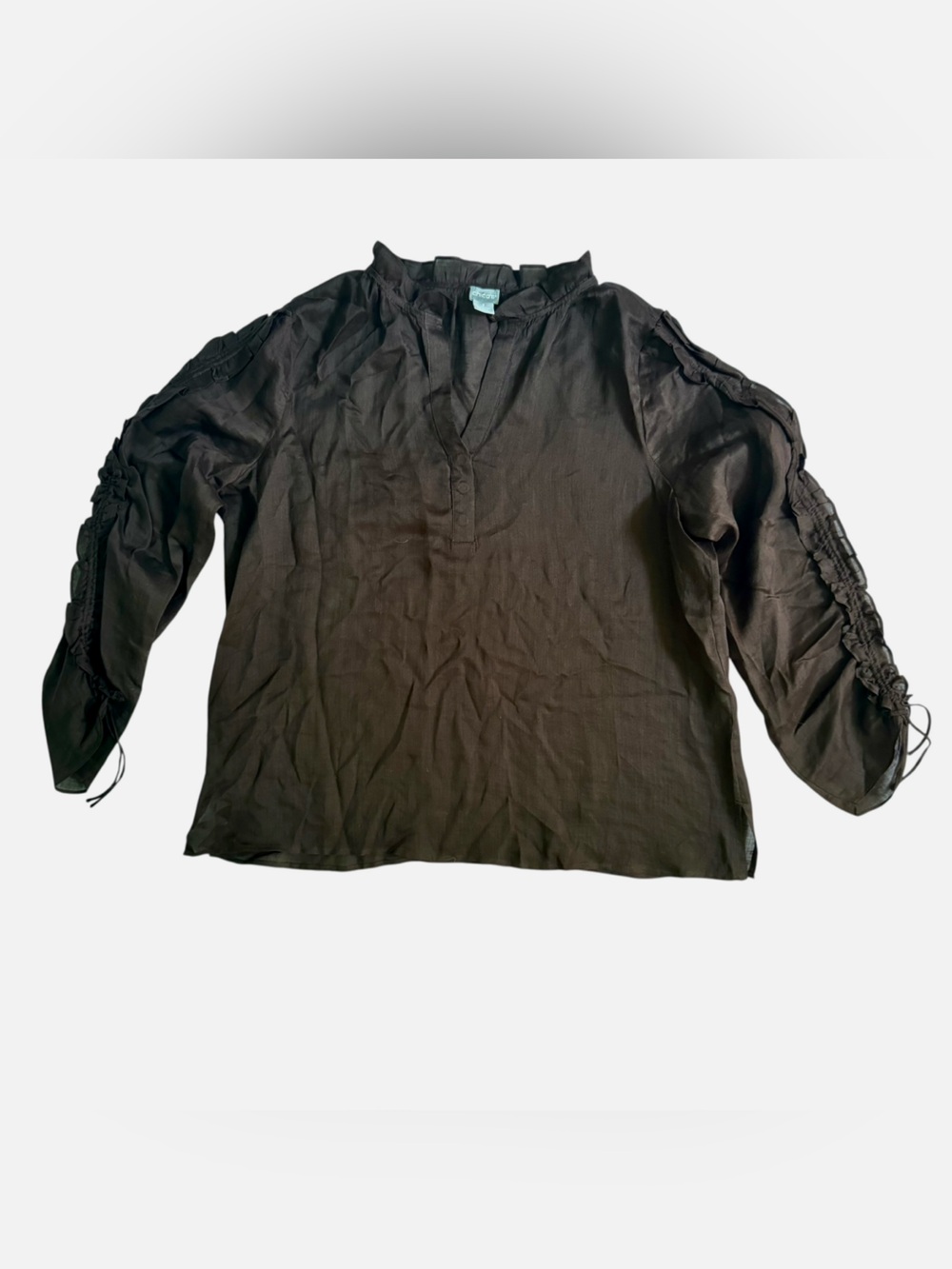 Chico's Ruffled Ruched Sleeve Top Women’s 16 Chocolate Brown Sheer Ramie Blend